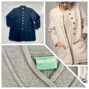 VINTAGE Geiger of Austria Smiley Black Boiled Wool Winter Coat Cardigan Jacket S